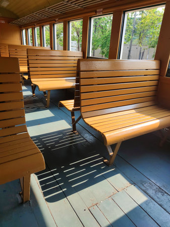 Seats on the Thai Vintage Train. Inside Retro Cabin Car at Hua Lamphong Station or Bangkok Central Railway Station. Bangkok, Thailand. March 5th, 2022のeditorial素材