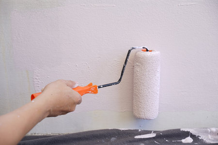 Painting wall with paint roller. Painting walls with paint roller.の写真素材