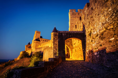 Cite de Carcassonne, France, small alleys during sunset. taken in 2015のeditorial素材