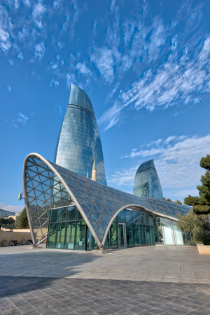 Baku Flame Towers and Old Town, Azerbaijan, taken in January 2019のeditorial素材