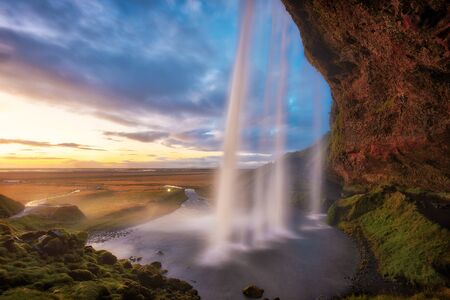 Seljalandsfoss Waterfall During Sunset in Southern Iceland, post processed in HDRの写真素材