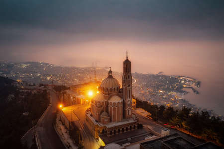 Harissa overlooking Beirut, Lebanon at night taken in October 2021, post processed using exposure bracketingの写真素材