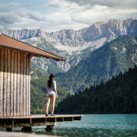 Hikers out in the Austrian Alpsの写真素材