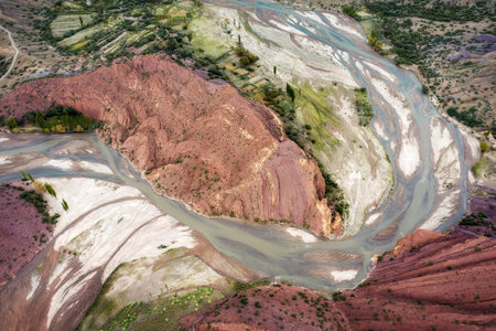 River and Road in the Altiplano Boliviaの写真素材