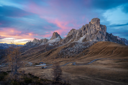 Passo Giau in Italian Dolomites during sunsetの写真素材