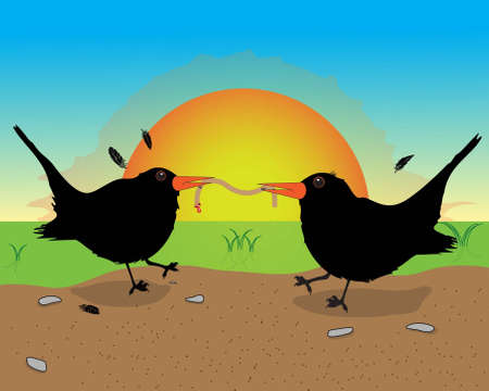 Blackbirds with food のイラスト素材