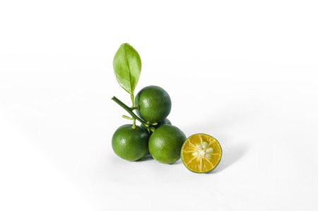 Ripe limes with leafs. Isolated on white (fruit, lemon, lime)の写真素材