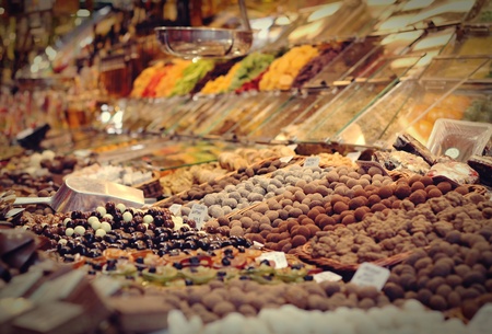 Selection of delicious sweets at Mercat de Sant Josep de la Boqueria - Barcelona, Spainの写真素材