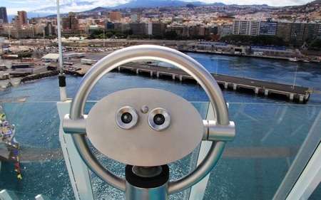 Telescope on a cruise ship overlooking Santa Cruz de Tenerife - Canary Islands, Spainの写真素材