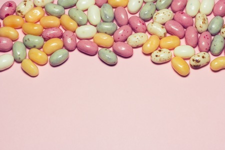 Assorted multicolored jelly beans with copyspaceの写真素材