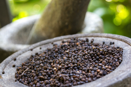 Black peppercorns in a stone vessel.の写真素材
