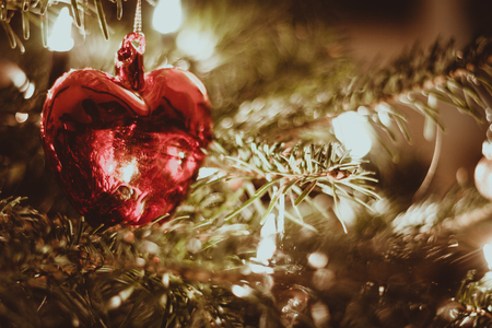Red heart on a christmas treeの写真素材