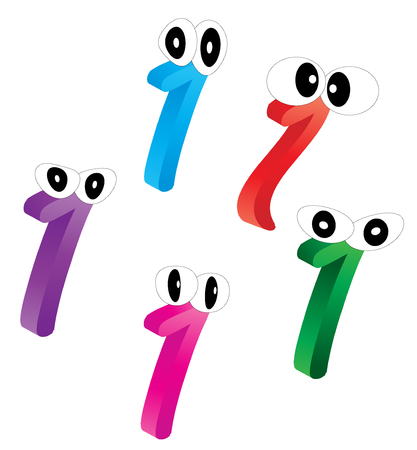 Image of cartoon number, digit one with eyes. Funny, cheerful and colorful illustration for children isolated on white background.の写真素材