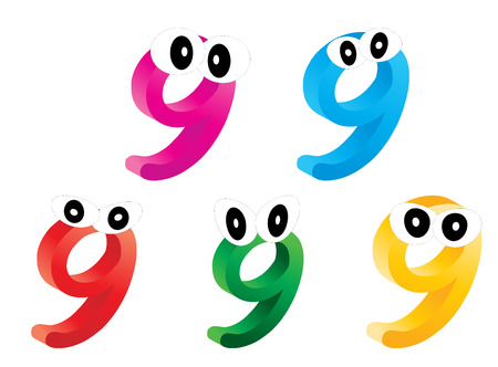 Image of cartoon number, digit nine with eyes. Funny, cheerful and colorful illustration for children isolated on white background.の写真素材