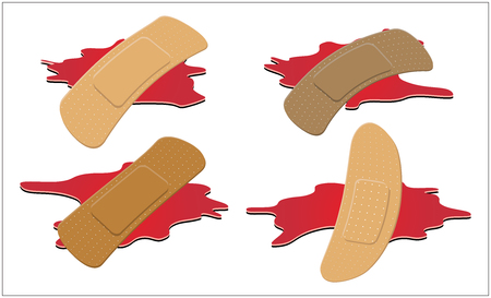 Set of Adhesive, flexible, fabric plaster with red  blood puddle. Medical bandage in different shape - curved rectangular. Vector illustration isolated on white background.のイラスト素材