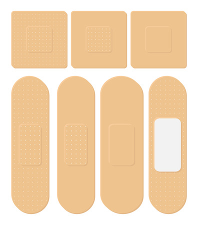 Set of Adhesive, flexible, fabric plaster. Medical bandage in different shape - straight, square, rectangular. Vector illustration isolated on white background.のイラスト素材