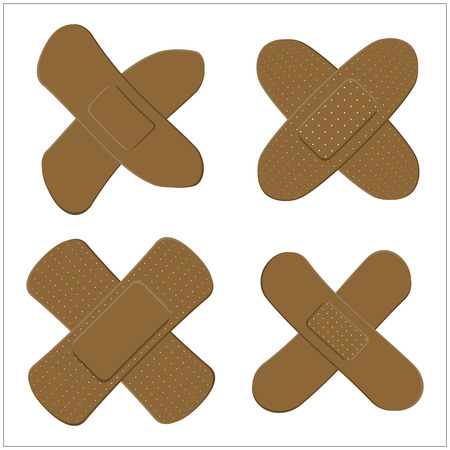 Set of Adhesive, flexible, fabric plaster for dark skin. Medical bandage in different shape - curved cross. Vector illustration isolated on white background.のイラスト素材