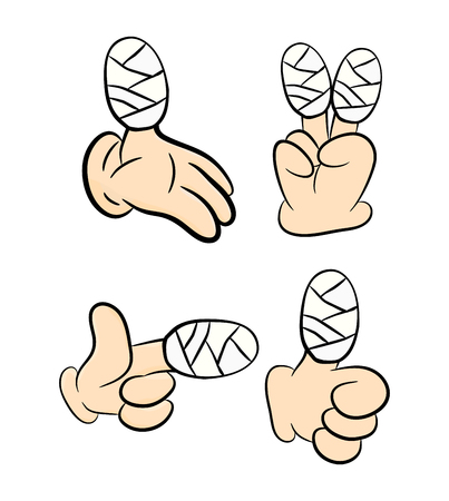 Set of Injured finger, hand wrapped in bandage. Vector illustration isolated on white background.のイラスト素材