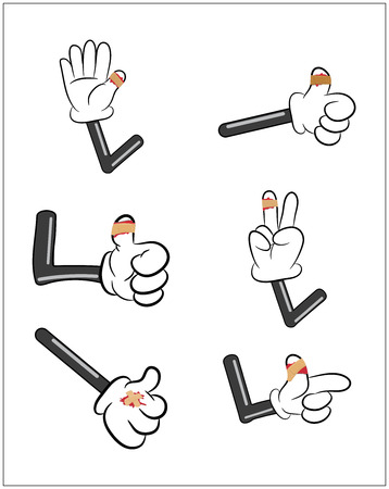 Set of Injured finger, hand wrapped in adhesive bandage, plaster  with red  blood puddle. Vector illustration isolated on white background.のイラスト素材