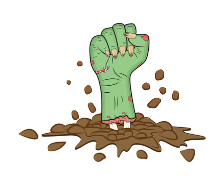 Zombie hand, Fist gesture out of ground halloween vector - realistic cartoon isolated illustration. Image of scary monster fist gesture with bones out green skin. Picture isolated on white background.のイラスト素材