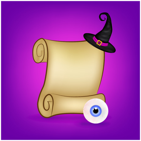 Halloween banner, card with empty paper scroll and eyeball, witches hat. Blank ancient scroll of parchment wallpaper, background. Poster or brochure for Halloween party. Vector illustration.のイラスト素材