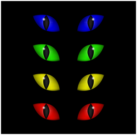 Halloween spooky eyes vector set isolated on black background. Illustration of Evil, dangerous, wild angry cat iris in darknessのイラスト素材