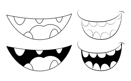 Cartoon smile, mouth, lips with teeth. vector silhouette, outline illustration isolated on white backgroundのイラスト素材