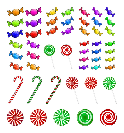 Christmas candy set. Colorful wrapped sweet, lollipop, cane. Vector illustration isolated on a white background.のイラスト素材