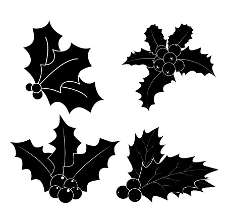 Holly berry silhouette, Christmas leaves and fruits icon, symbol, design. Winter vector illustration isolated on white background.のイラスト素材