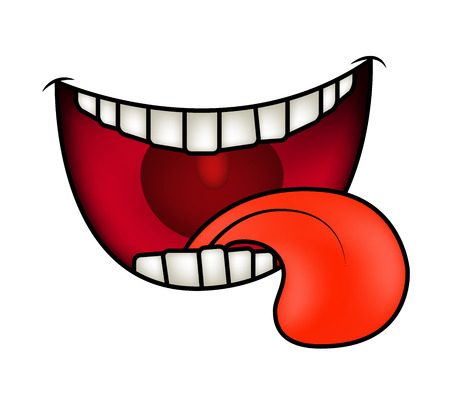 Cartoon smile, mouth, lips with teeth and tongue. vector illustration isolated on white backgroundのイラスト素材