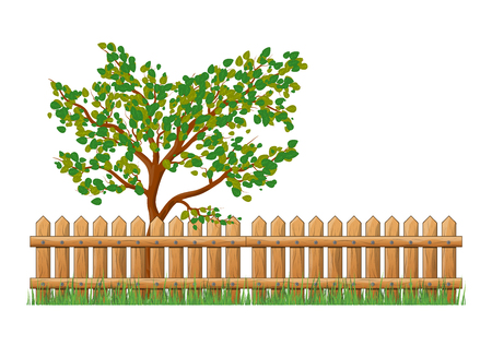 Wooden Fence with grass and tree isolated vector symbol icon design. Beautiful illustration isolated on white backgroundのイラスト素材