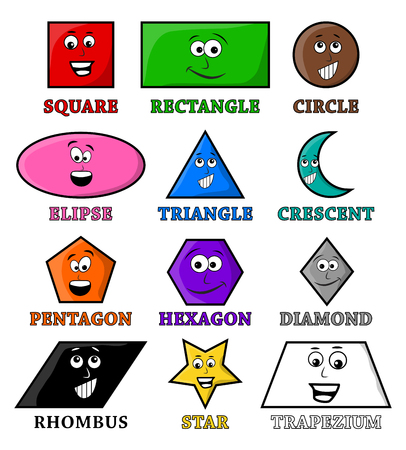 cartoon geometric shapes with smile vector symbol icon design., circle, oval, triangle, hexagon, rectangle, star,heart,rhombus  Beautiful illustration isolated on white backgroundのイラスト素材