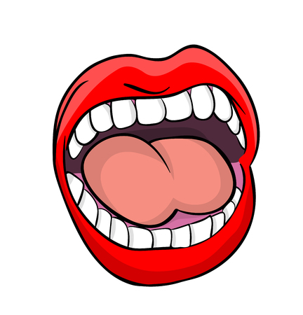 Shouting lips with teeth and tongue cartoon vector symbol icon design. Beautiful illustration isolated on white backgroundのイラスト素材