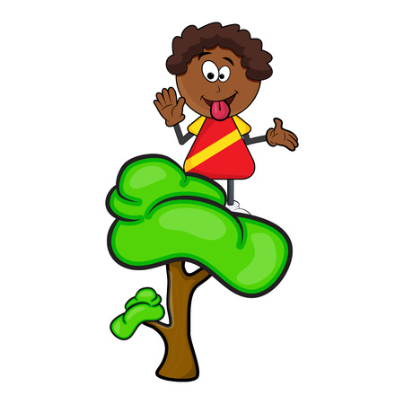 African black boy cartoon showing tongue on tree isolated on white background.のイラスト素材