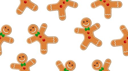 Gingerbread cookie men Vector seamless pattern. Tasty background for fabric, wallpaper, textile, package, greeting card, gift box, web design. Isolated on whiteのイラスト素材