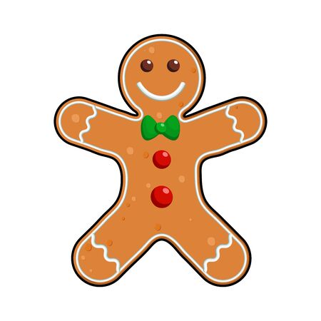 Gingerbread man Holiday cookie in shape of man, decorated colored icing , vector illustration for new year's day, christmas, winter holiday, cooking, new year's eve, isolated on white background.のイラスト素材