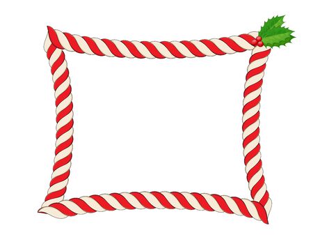 Blank Christmas border, candy cane frame with branch of holly berry Isolated on white background. Holiday design,  Vector illustration.のイラスト素材