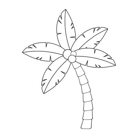 Palmtree outline contour isolated on white. Hawaiian palm tree illustration. Tropic coco frond shape. Black and white single exotic palm isolated design element for summertime graphic.のイラスト素材