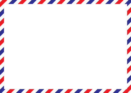 Airmail envelope frame. International vintage letter border. Retro air mail postcard with blue and red stripes. Blank correspondence paper template. Empty classic postal message illustration.のイラスト素材