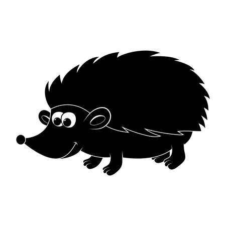 Hedgehog silhouette. Black and white autumnal shape for kids isolated on white. cartoon happy pet illustration. Funny mammal mascot with sharp spikes. Vector young animal for autumn design.のイラスト素材