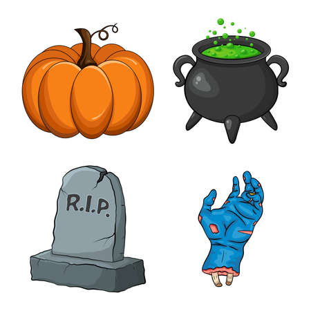 Halloween night collection. Creepy cartoon set for spooky october holiday. Vector design of pumpkin, witch cauldron with green poison, rip grave tombstone and zombie hand. Eps 10 isolated illustrationのイラスト素材