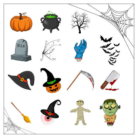 Halloween vector collection of spooky illustration isolated on white. Cartoon symbols for creepy holiday celebration. October scary icons for party invitation. Set of Cliparts in eps10 format.のイラスト素材