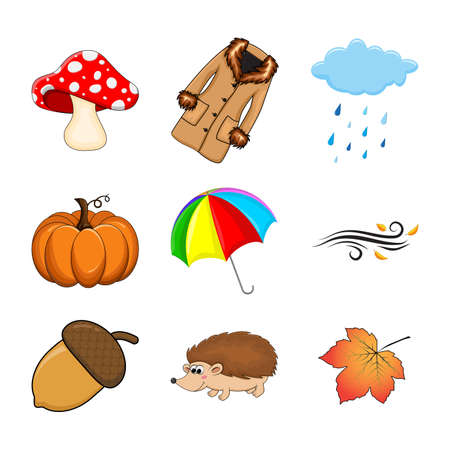 Autumn set. Autumnal cartoon symbols collection isolated on white. Fall illustration elements. Seasonal vector icons with coat, pumpkin, mushroom, umbrella, acorn, rain, cloud, hedgehog, wind, leafのイラスト素材