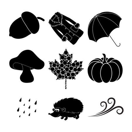 Autumn silhouette symbols collection. Autumnal cartoon icon set. Black and white design elements isolated on white. Monochrome seasonal illustration. Fall vector icons with umbrella, rain, wind, etc.のイラスト素材