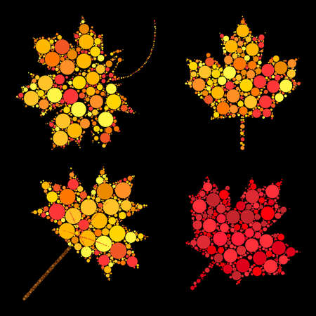 Autumn leaves. Abstract design elements collection. Vector set of autumnal maple leaf in fall colors. Seasonal foliage symbols set made of dots. Illustration on black isolated background.のイラスト素材