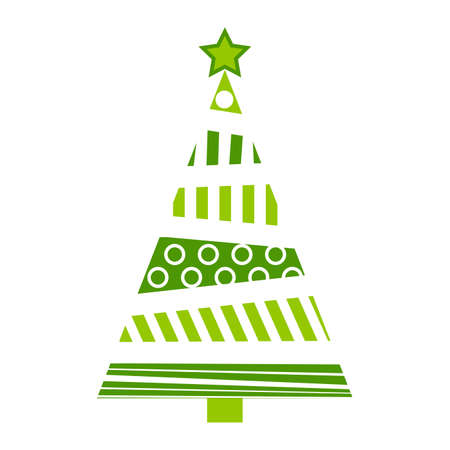 Christmas tree abstract illustration. Green fir tree for xmas made from bars and circles. Simple holiday symbol with geometrical shapes. Vector icon isolated on white background.のイラスト素材