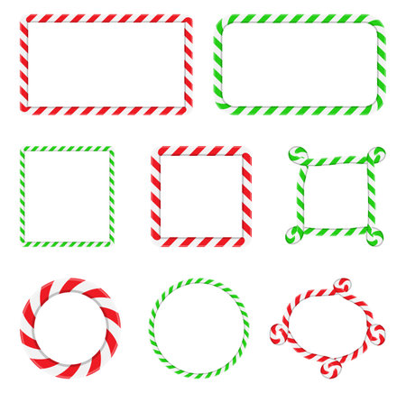 Candy cane frame collection. Christmas border with stripes set. Striped vector xmas circle ,square and rectangle shape background with copy space. Red, green and white color design element.のイラスト素材