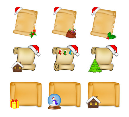 Christmas scroll paper backgrounds collection. Set of blank xmas parchment. Antique letter with santa hat, holly berry, christmas tree etc. Vector old empty paper illustration. Template for design.のイラスト素材
