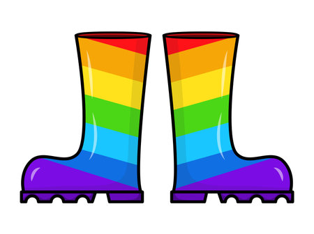 Rubber boots in rainbow color. Vector illustration isolated on white, background. Cartoon rain footwear in lgbt pride colors. Symbol of homosexuality acceptance. Eps 10 icon.のイラスト素材