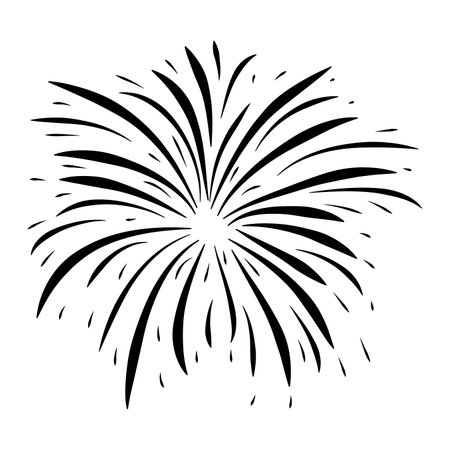 Fireworks burst black symbol. Silhouette icon of sparkle fall after petard explosion. Great for happy new year or independence day graphic design. Vector illustration isolated on white background.のイラスト素材